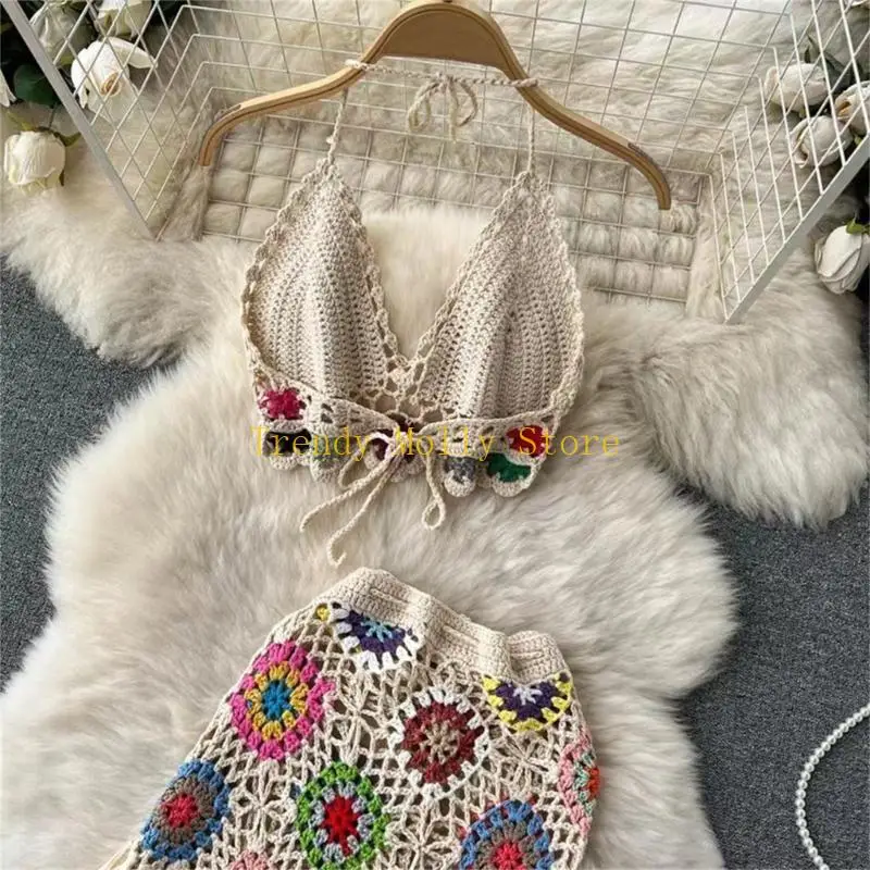 N5kb Women Beachwear 2 pezzi Set sexy Bra Halter in maglia e gonna asimmetrica