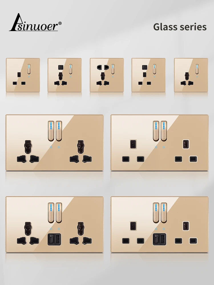 

goldenPiano Key Reset Switch Tempered Glass Panel 1Gang UN Multifunctional 3-hole Combination Office Hotel Home Villa Decoration