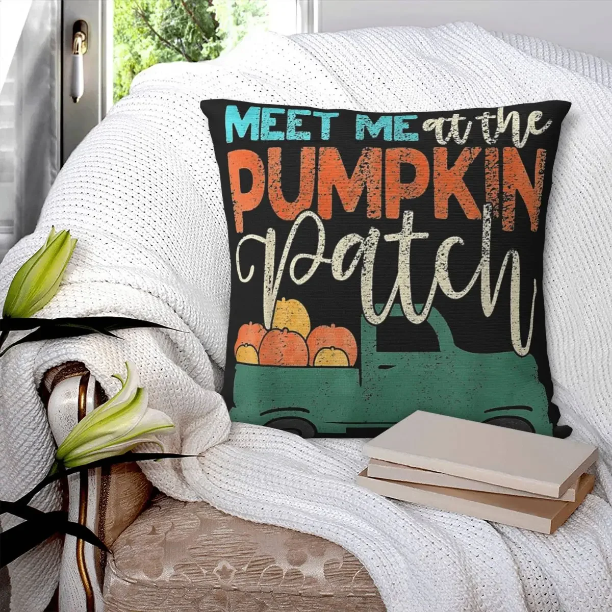 Meet Me At The Pumpkin Patch Thanksgiving Xmas Square Pillowcase Polyester Cushion Decorative Comfort Throw Pillow For Home Car