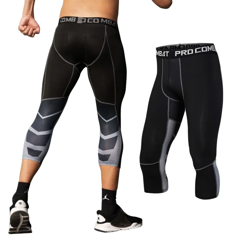 Mens Running Sport Seven Point Tights Pants Bodybuilding Basketball Football Compression Cropped Fitness Leggings