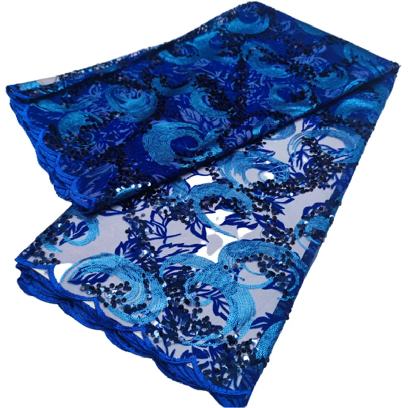 

5Yards Blue African Net Lace Fabric With Sequins 2022 High Quality French Tulle Lace Nigeria Guipure Material For Wedding Dress
