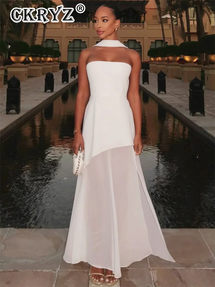 

Ladies Fashion Strapless Ribbon Mesh Patchwork Maxi Dress Elegant Sleeveless Backless Vacation Long New Women Beach Dresses 2025