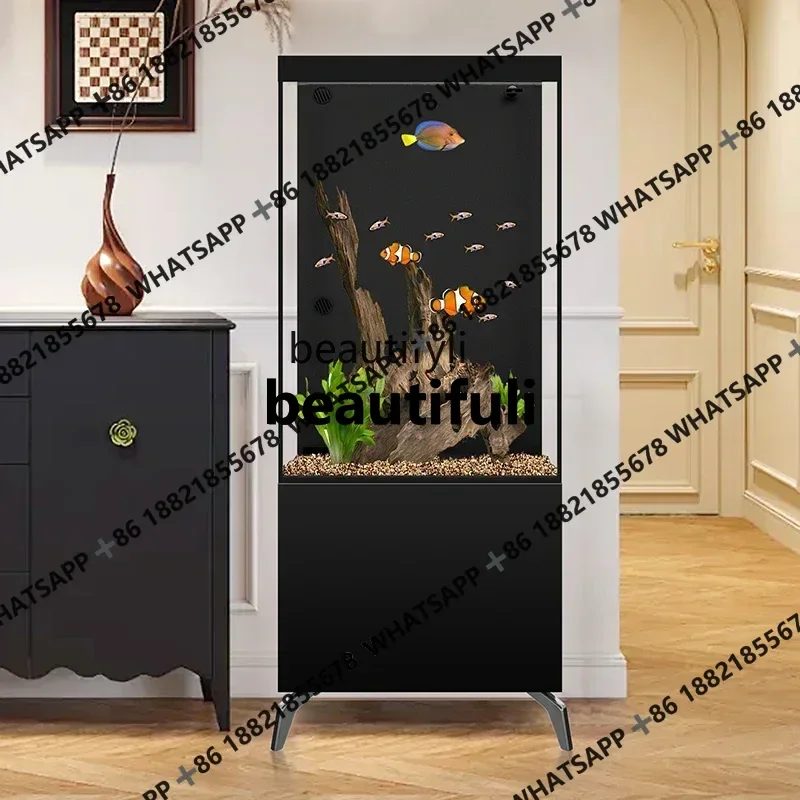 xxxzliving room small square tank bottom cabinet back filter ultra-white glass goldfish tank aquarium floor-to-ceiling household