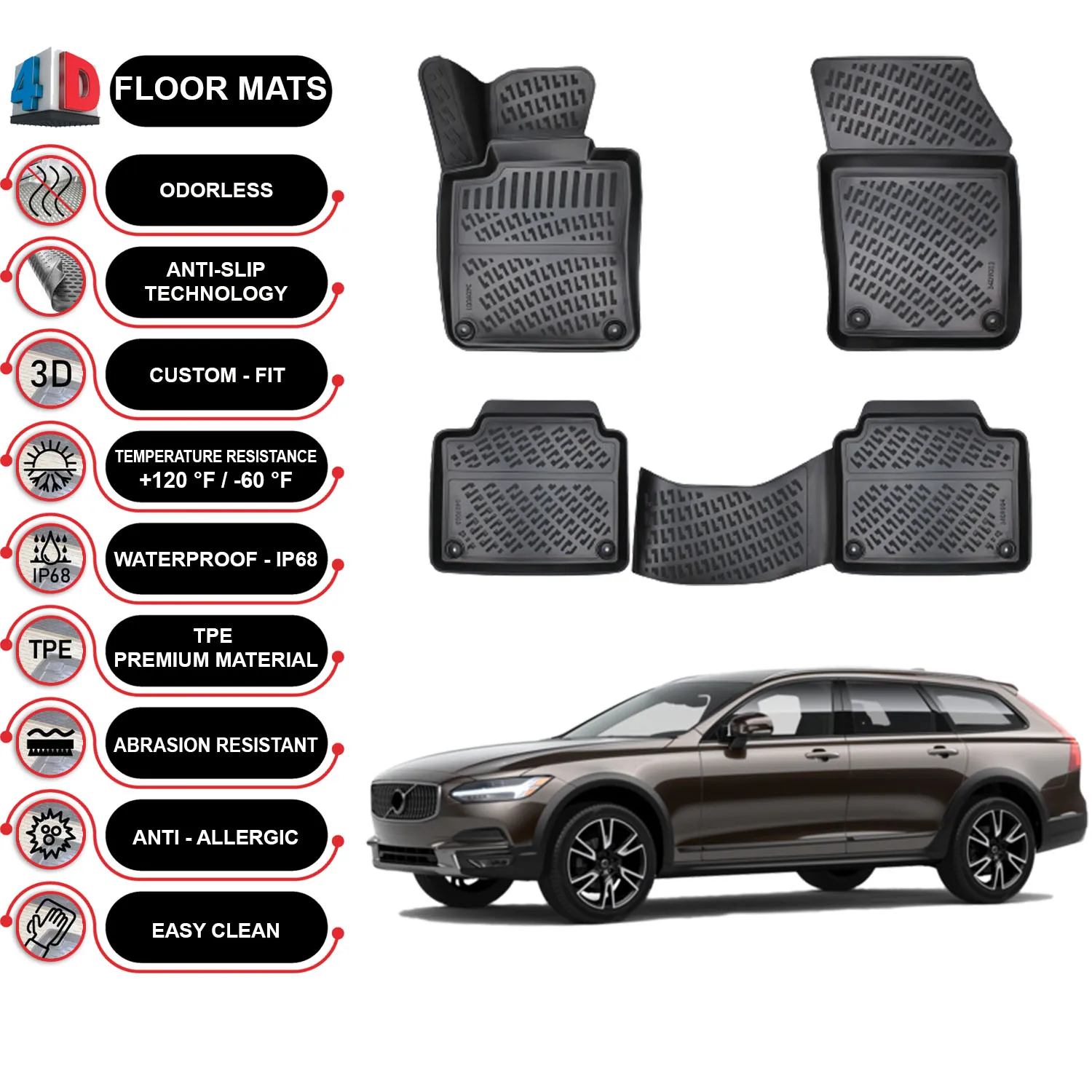 Volvo V90 - (2016-2022) Floor Mats Liner Waterproof 3D - (Black)