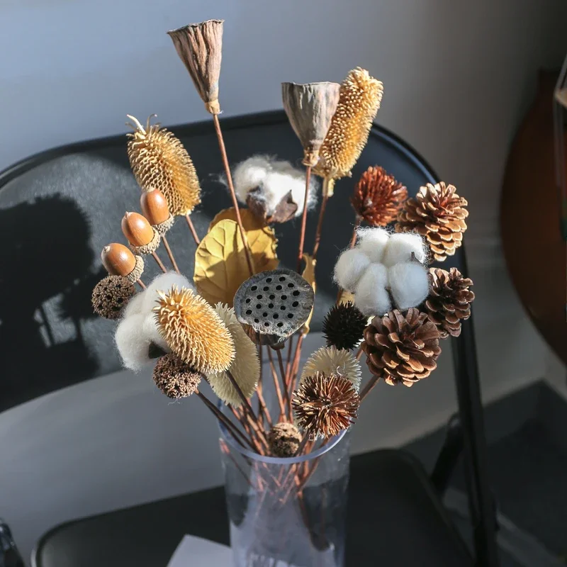 5PCS Handmake Flower Home DIY Wedding Party Decor Lotus Seed Dry Flower Cotton Imitation Flowers Dried Flowers Pine Cone Acorn