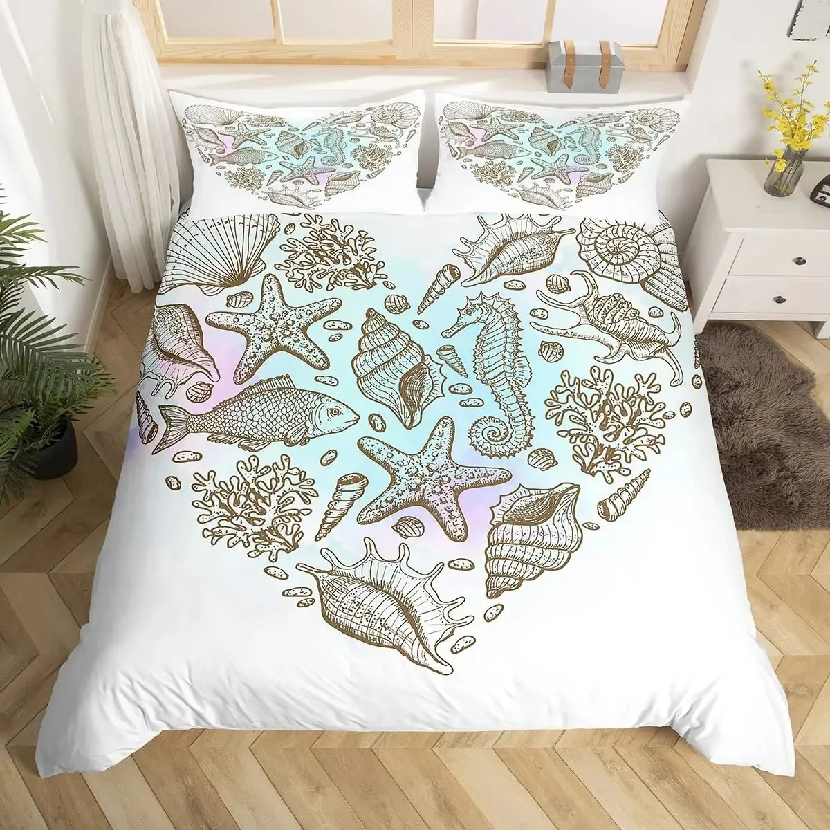 Seahorse Bedding Set Ocean Animal Duvet Cover King Queen Size Orange Coral Marine Life Home Textile Sea Urchin Soft Quilt Cover