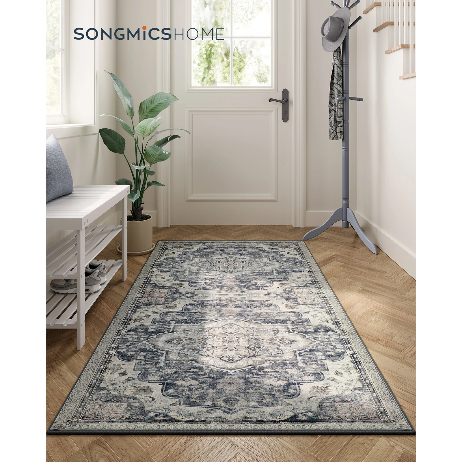 SONGMICS HOME Area Rug, 80x150cm, Non-Slip Vintage Style Carpet, Machine Washable, Bedroom/Living Room/Kitchen, Dove Grey