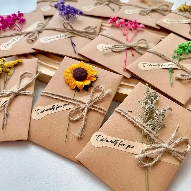 

8pcs Handmade Kraft Paper Greeting Cards with Flowers, For Birthday - Thank You and Blessing Cards Featuring An Angel Theme