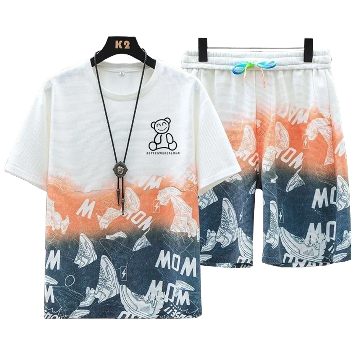 Men's Short Sleeved T-shirt Casual Shorts Set Round Neck Fashionable Printed Five Quarter Shorts Spring Summer Young People