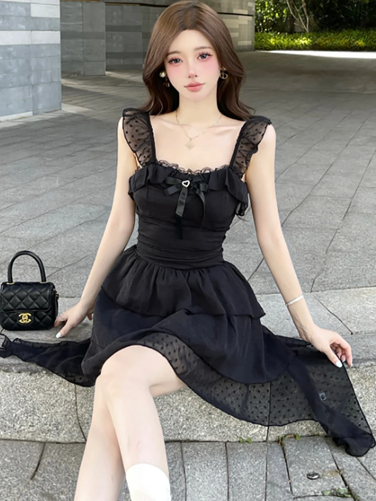 Feminino coreano vintage bodycon lolita estilo vestido de verão preto arco renda chique malha estilingue vestido sexy 2025 elegante vestido de festa causal
