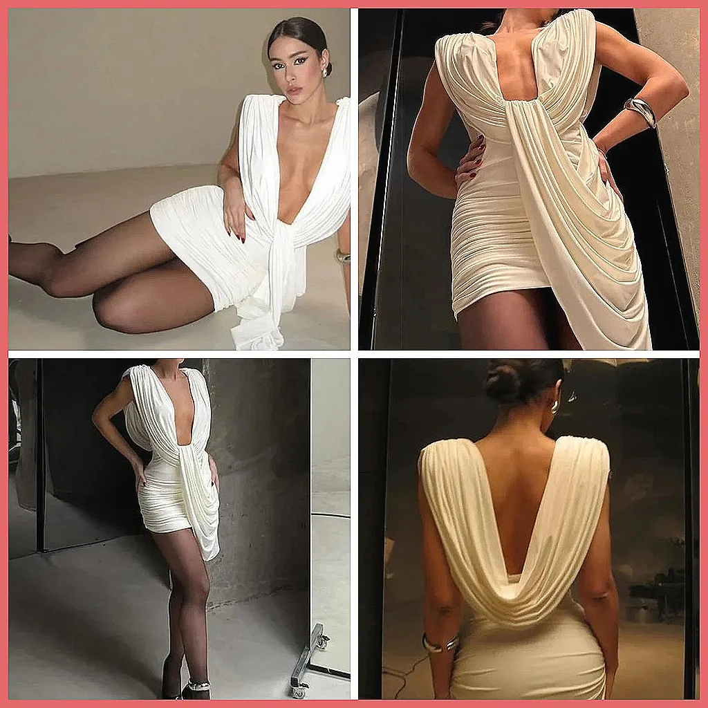 

Chic White Pleated Mini Dress for Women, Sexy Deep V-Neck & Backless Party Dress 2026