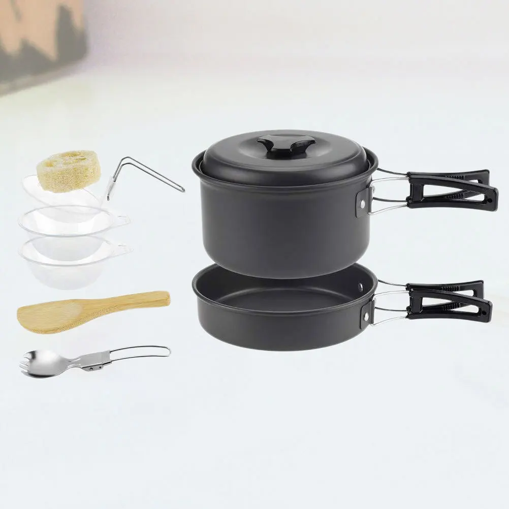 مجموعة واحدة من أواني الطبخ المحمولة للتخييم، مجموعة أواني النزهات المتينة، معدات الطبخ الخارجية متعددة الأغراض باللون الأسود تتسع لـ 1-2 أشخاص