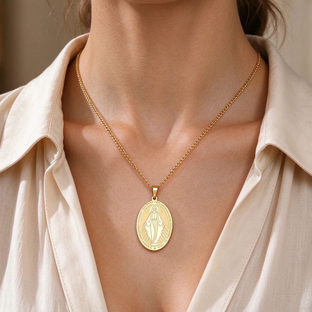 Virgin Mary Pendant Necklace Stainless Steel Oval Double Sides Miraculous Medal Catholic Religious Christian Faith Jewelry Gift