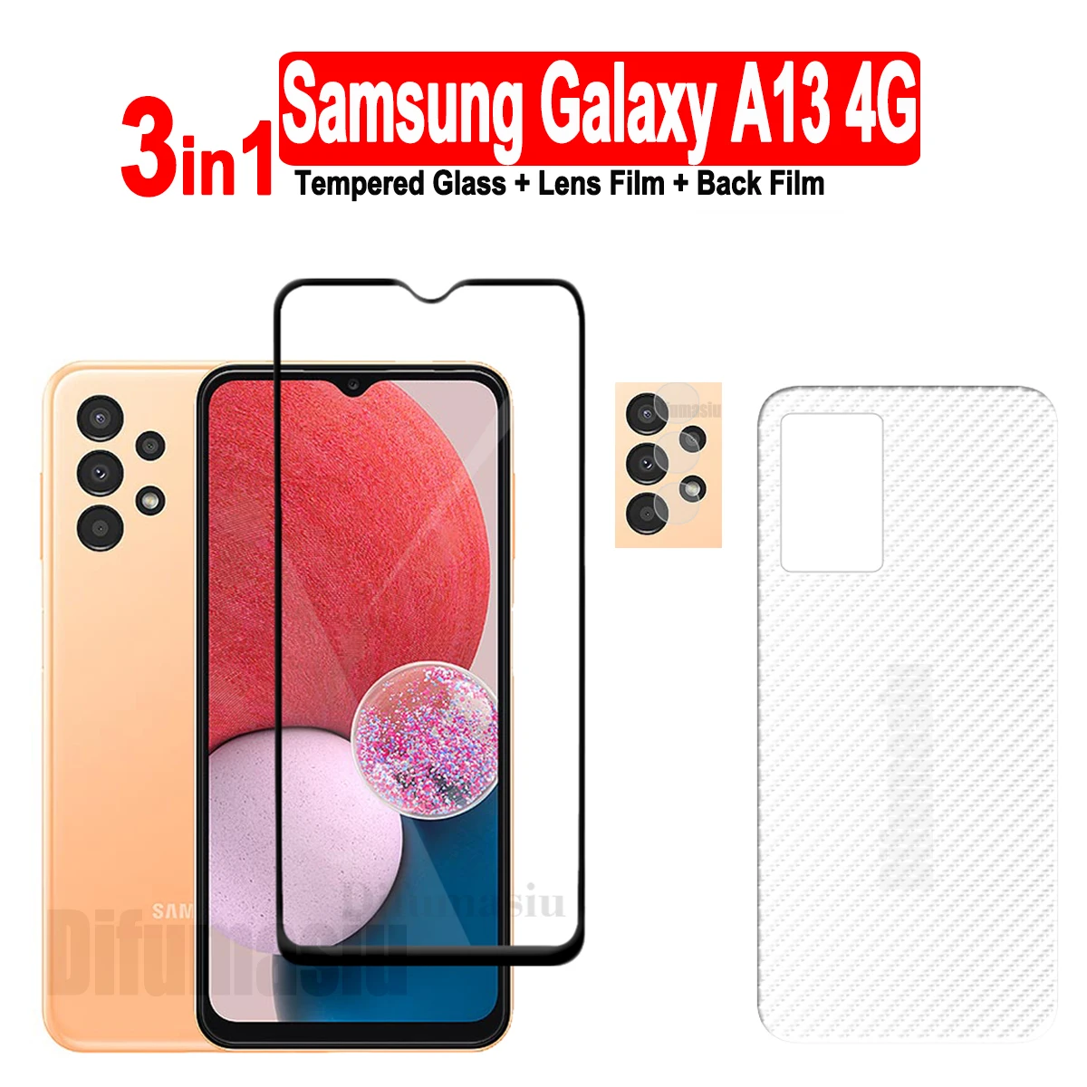 

3in1 For Samsung Galaxy A13 4G Tempered Glass Screen Protectors + Soft Back Film + Soft Camera Lens Film