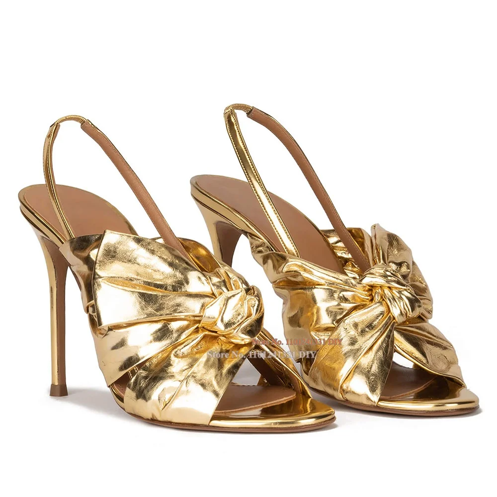 Bow Detailed Gold Leather High Heel Sandals In Metallic Leather Women Thin Heeled Bowknot Women's Embellished Party Dress Shoes