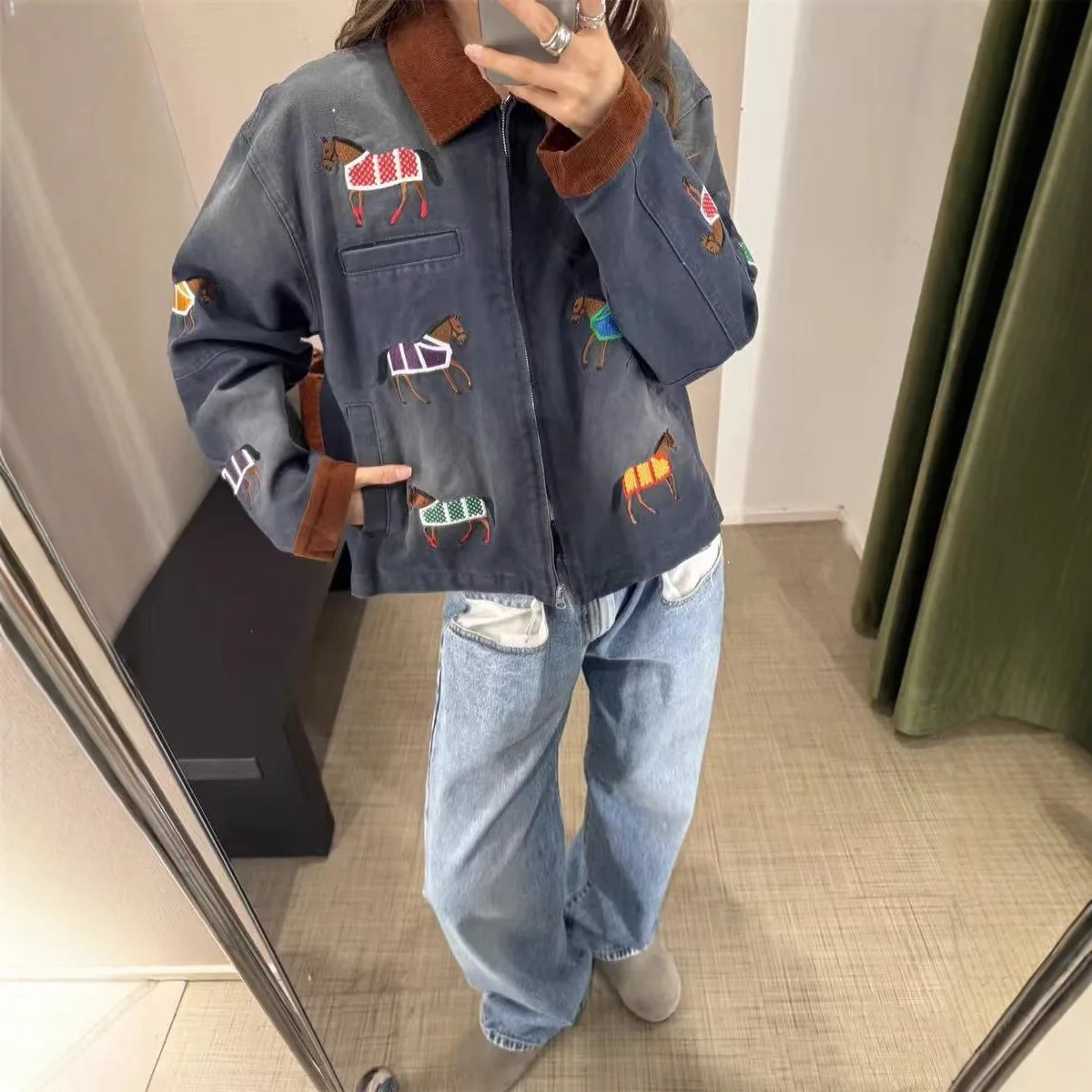 

Retro Sle Women's Casual Jaet Thin Autumn Winter Embroidery Waed Blue Workwear Coat Loose Fit Cotton Outerwear