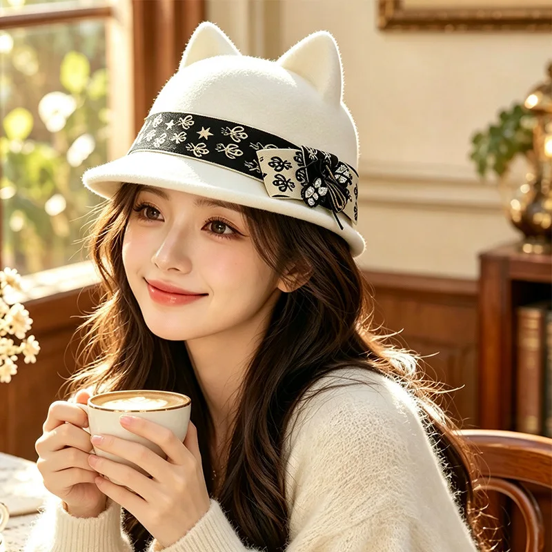 Korean Cute Cat Ear Bow & Little Bee Equestrian Hat, Sweet Playful Fashion Derby Hat for Women