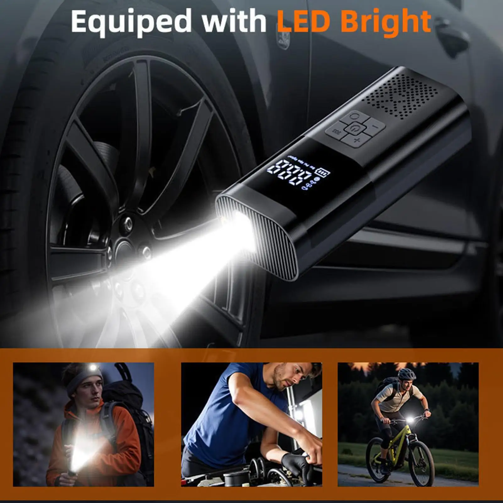 Portable Cordless Tire Inflator Air Compressor with Digital Display 2 in 1 Fast Inflation for Car Motorcycle Emergency Travel