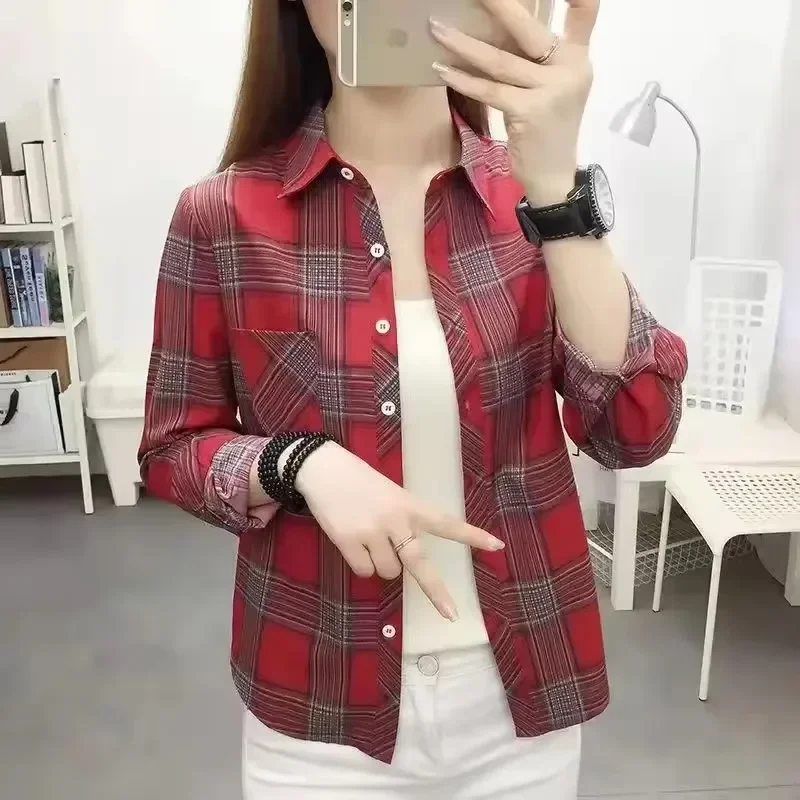 2024 Autumn New College Style Plaid Shirts Womens Long sleeve Button Down Casual Tops Loose Fashion Polo Neck Blouses