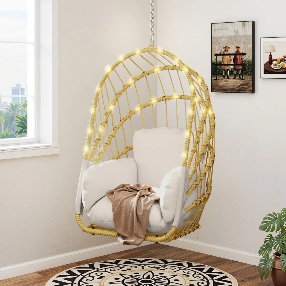 

Hanging Egg Chair Without Stand Rattan Wicker Swing Egg Chair w/ Light for Porch