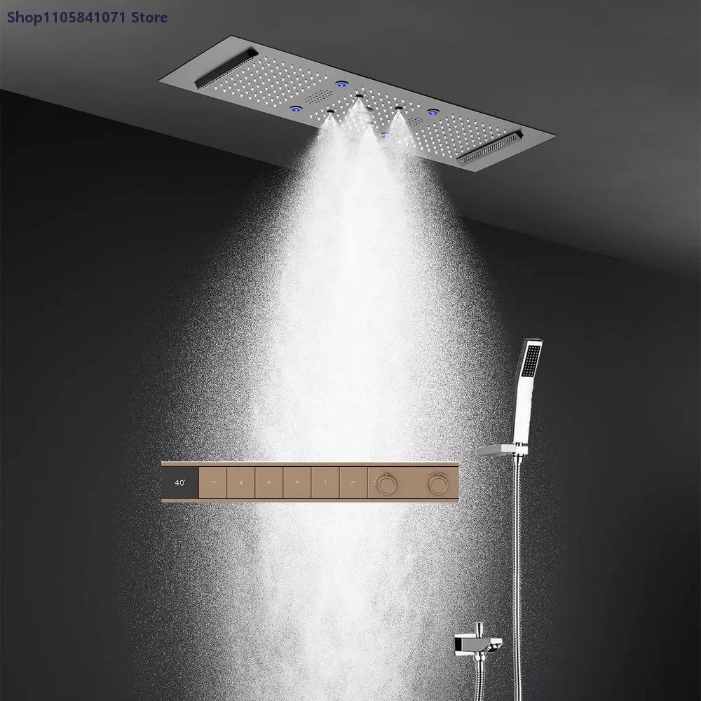 Modern Mirror Design Rain Shower Set Diverter 900x300mm Bluetooth Music LED Shower Head Thermostatic Bathroom System