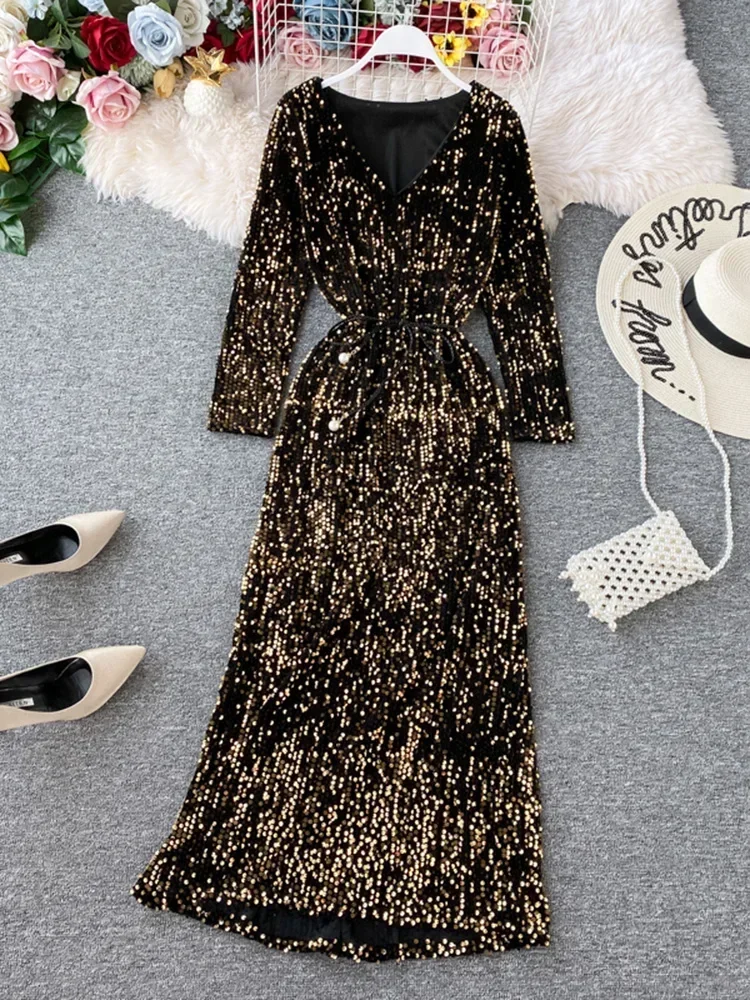 Women\'s Long-sleeved Party Dress New Sequin Temperament Banquet Host Elegant V-neck Waist Lacing Sexy Dress ML454