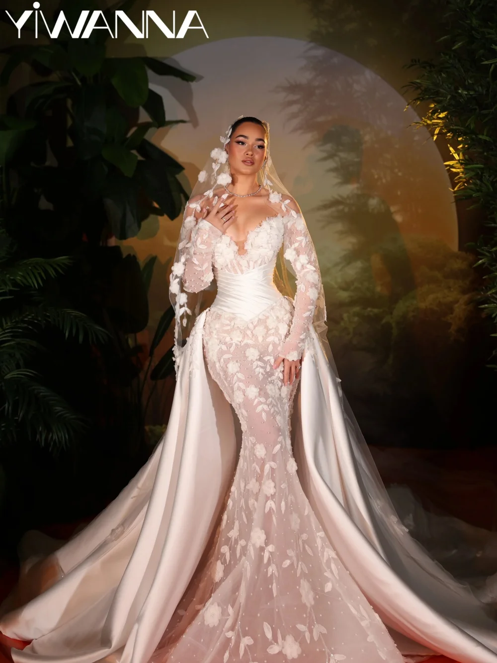 

Satin Detachable Train Wedding Dress Shinny Pearls 3D Floral Bridal Gown Customzied Off Shoulder Mermaid Dresses For Bride