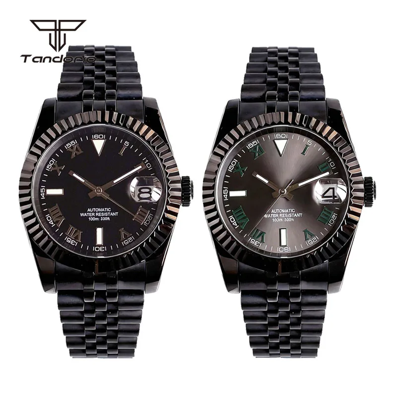 

Мужские винтажные наручные часы Tandorio PVD Black Mechanical 36мм/39мм с автоподзаводом NH35, сапфировым стеклом, солнечным циферблатом, римскими цифрами и стерильной вставкой под дату