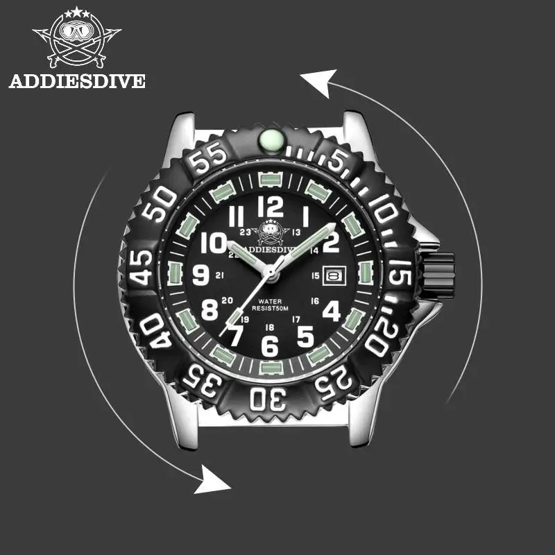 Addies Dive-reloj deportivo de acero inoxidable 316L para hombre, pulsera con esfera negra, resistente al agua hasta 50m, luminoso, con carcasa de aleación de 51mm, nuevo