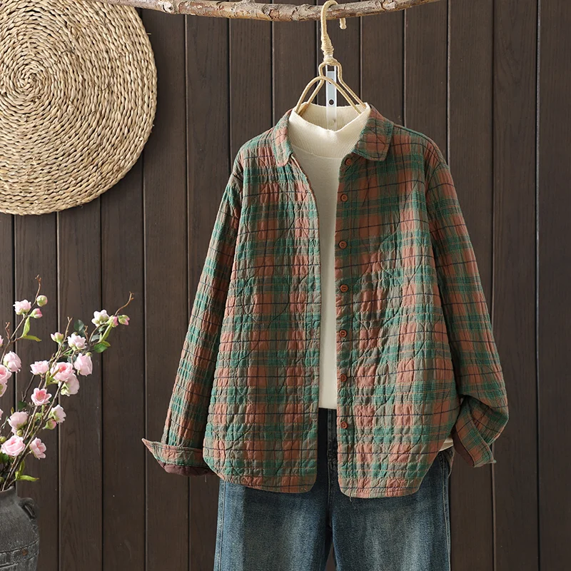 Plaid Shirt Cotton Jacket Women Winter Casual Sweet Turndown Collar Long Sleeved Coat Korean Style Fashion Single Breasted Top