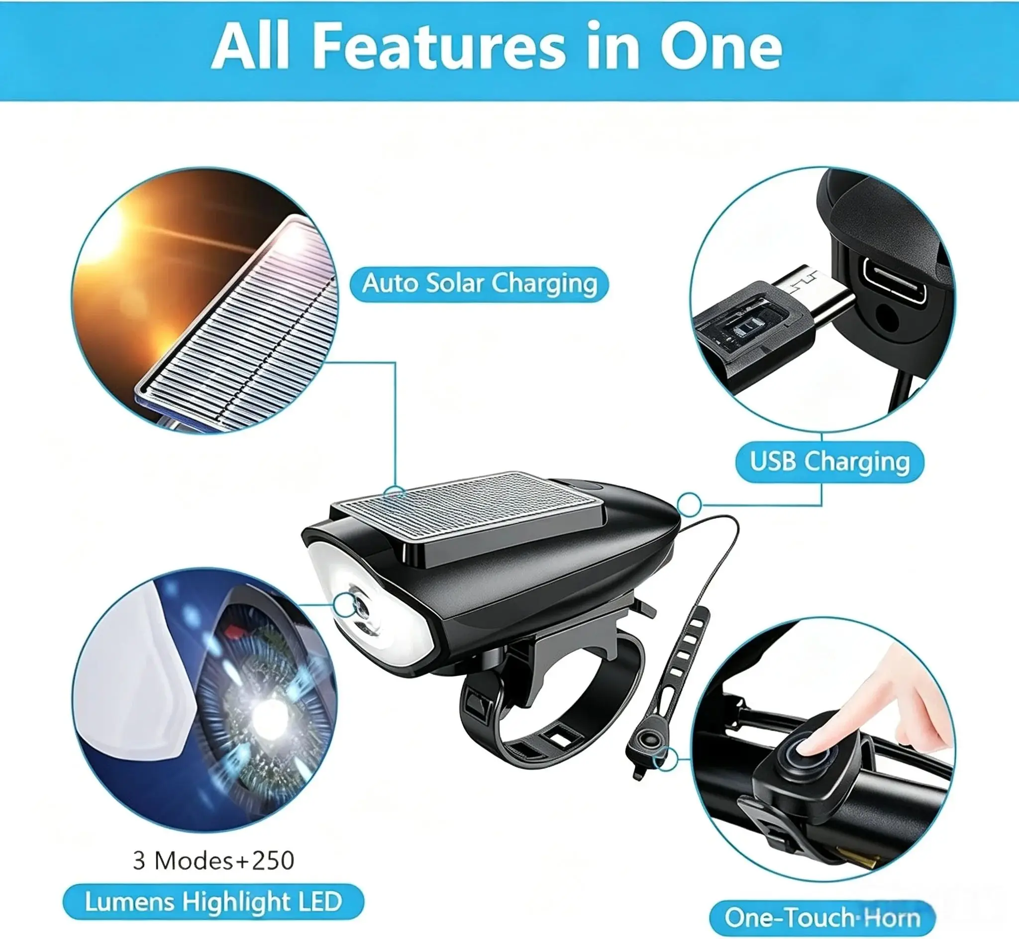Solar Bicycle Light with Horn LED 250 Lumens Bike Front Lamp Headlight Bicycle MTB  Road Bike Electric Bell Cycle Accessories ﻿