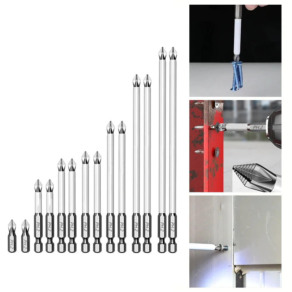14pcs Non-SLIP CROSS ไขควง Bits 25-150 มม.ชุดหัว HEX Shank PH2 CROSS ไขควงชุดสําหรับ Home Maintenance