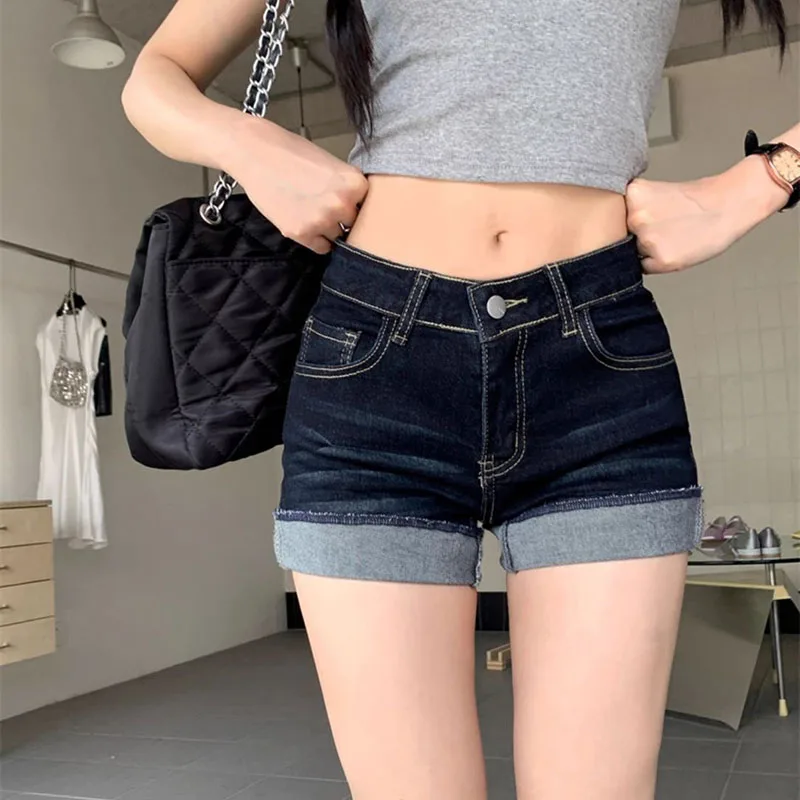 American Retro Edge Curl Jean Shorts Female Sexy Hot Girl Skinny Elastic Denim Shorts Woman Summer Deep Blue Washed Mini Jeans view 6