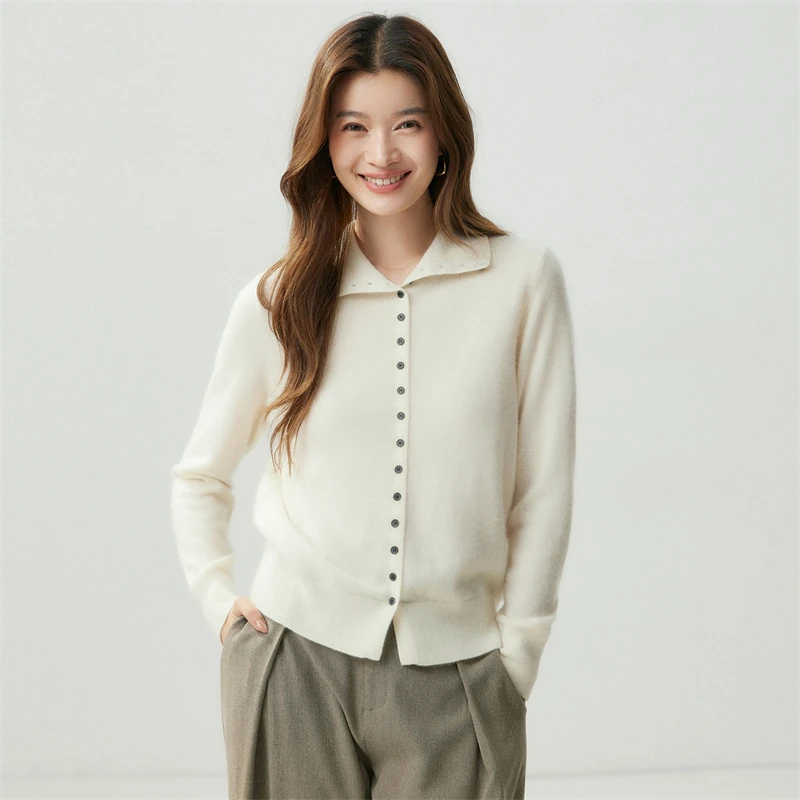 Autumn Winter 100% Cashmere Long Sleeve Multi-Button Stand Collar Cardigan Women Casual Textured Commuter Solid Color Knit Coat