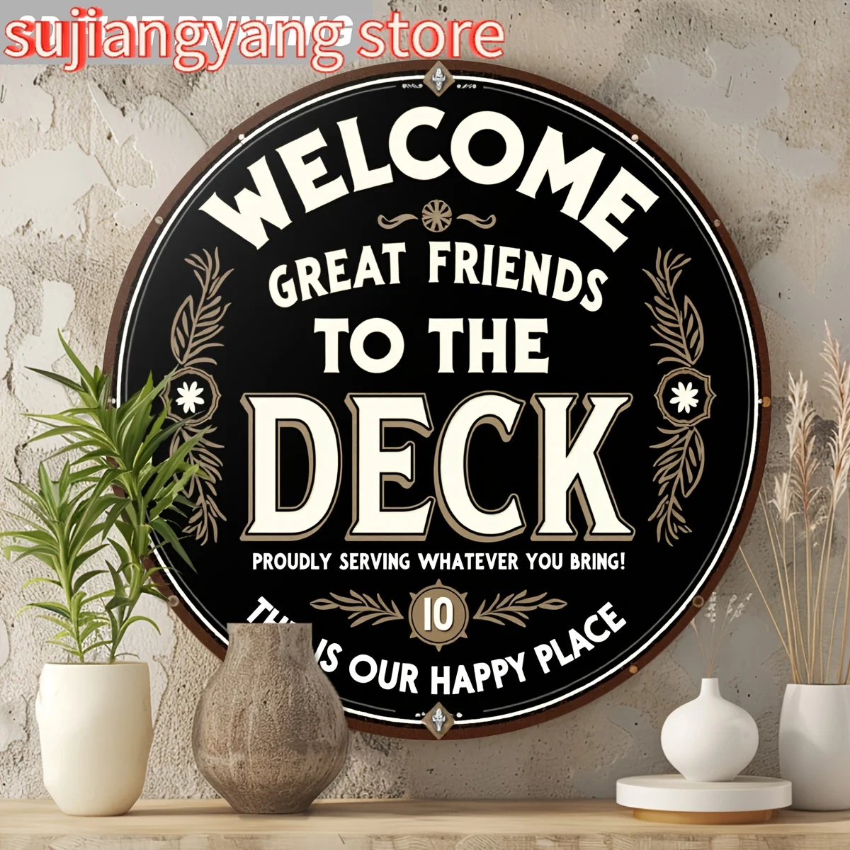 2D Flat, 1-teiliges Vintage-Willkommensschild – „Welcome Great Friends to Our Deck“ – Robustes Aluminium-Metallschild – Schwarz und Golden