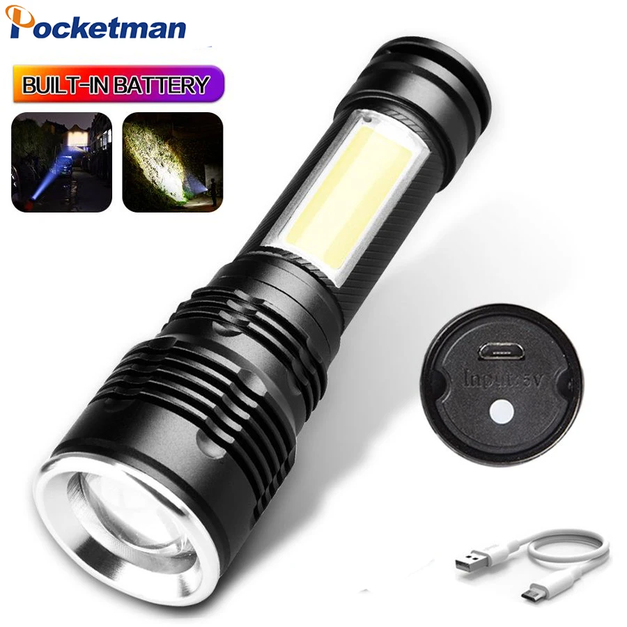 

Dual Light Source LED Flashlight Rechargeable Zoomable Flashlight with COB Work Light Pocket Torch Outdoor Camping Emergency