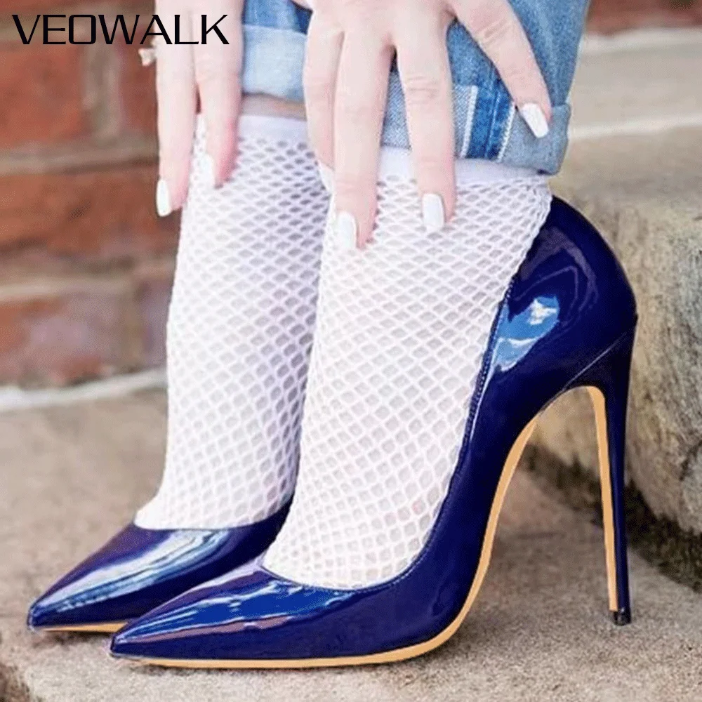 

Классические туфли Veowalk, королевские синие лакированные туфли-лодочки с острым носком, 12 см, 10 см, ультратонкие туфли на шпильке для вечеринок, ночных клубов и свиданий