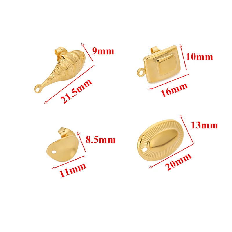 10pcs Stainless Steel Special Shaped Ear Posts Studs Base Pins with Earring Plug Gold Color for DIY Jewelry Making Accessories