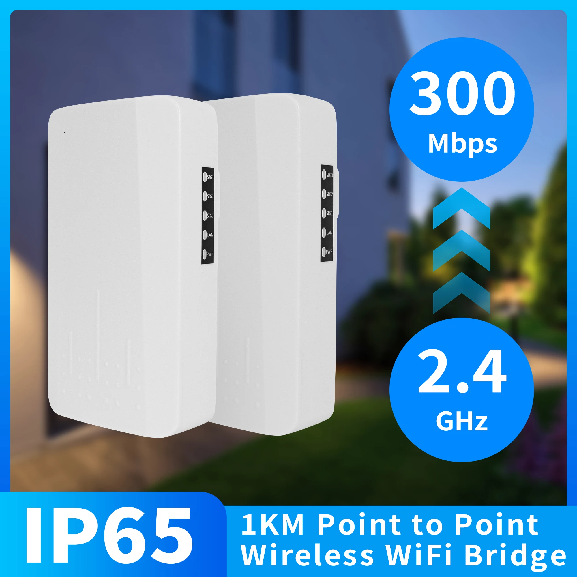 Wireless Bridge Set 2 PCS 300Mpbs 2.4G WiFi Outdoor CPE Long Range Extend AP Repeater, 24V PoE Power, IP65 Waterproof PTP PTMP