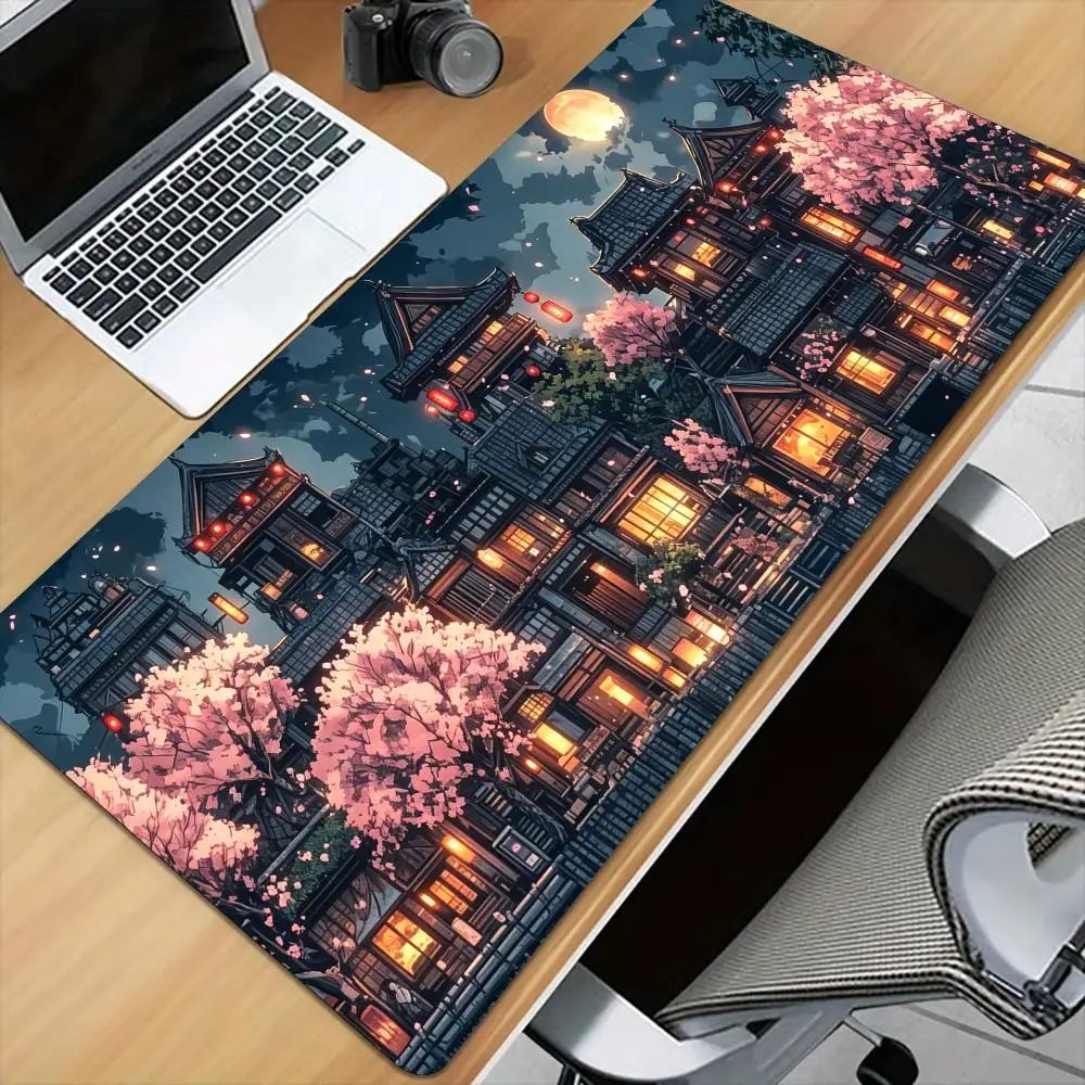 Cherry Blossom Ancient Town Mouse Pad Desk Mat with Stitched Edge XXL Mousepads Rubber Anti-slip Gamer Keyboard Rug Gaming Mats