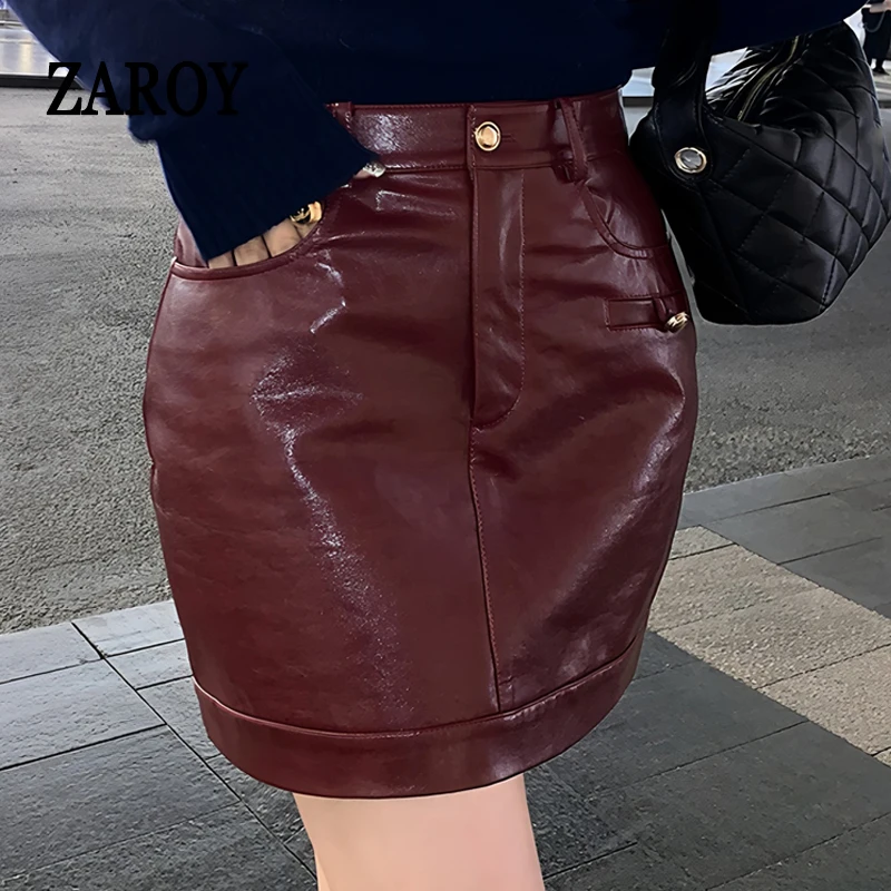 Wine Red PU Leather Slim Women Mini Skirt Winter Spring Fashion Hot Girl Short Skirt Spicy Burgundy Party Club Skirt юбка Fa