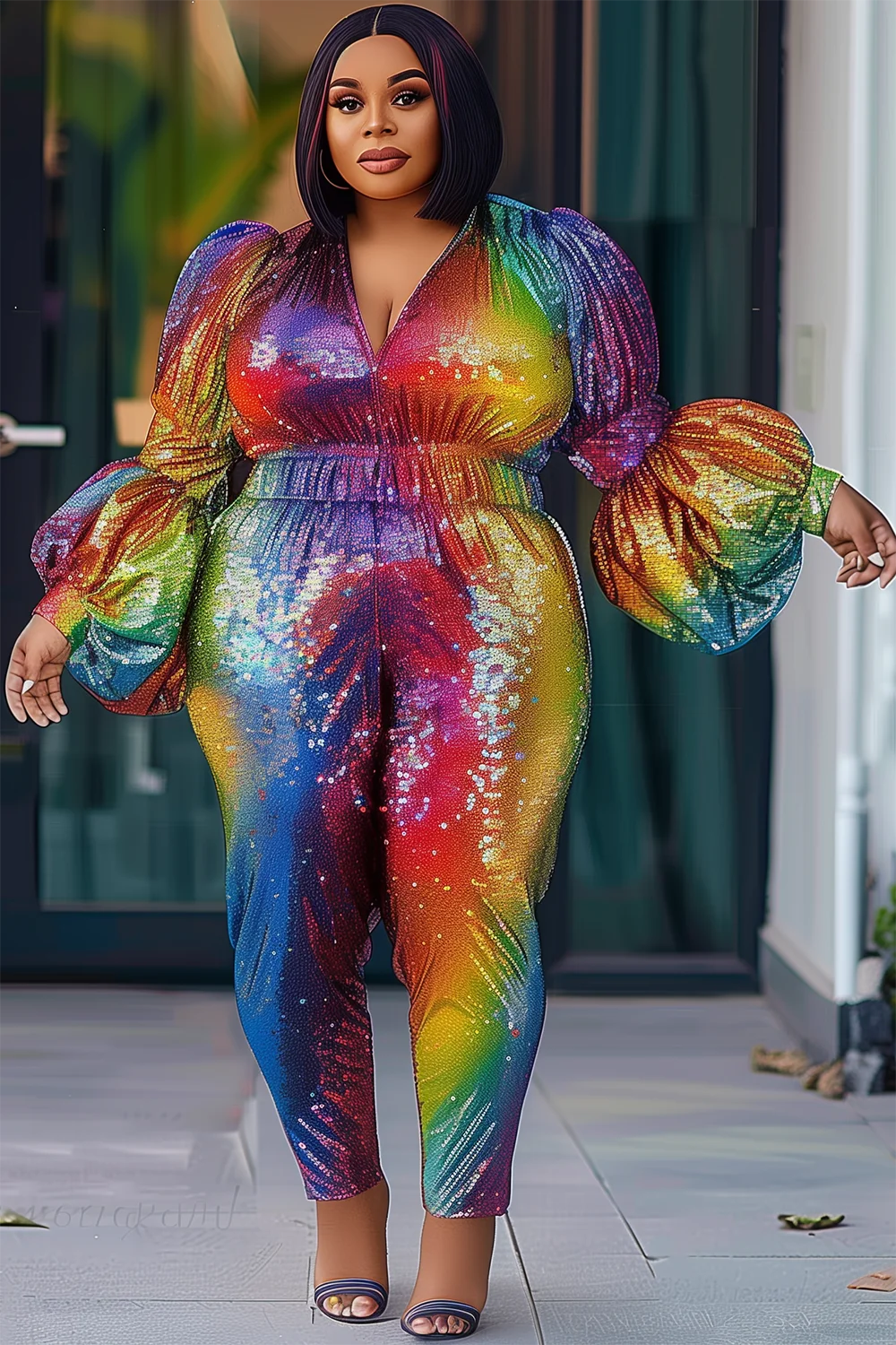 

Women's Plus Size Jumpsuit Lantern Sleeve High Waist Rompers Party Rainbow Colorblock V Neck Long Sleeve Sequin Jumpsuits