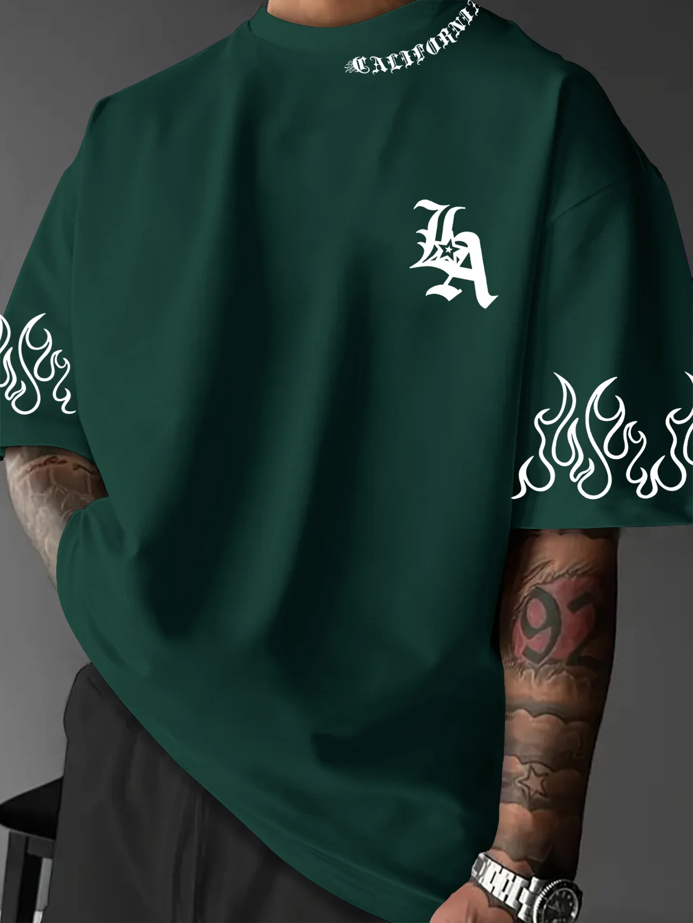 2026 New Men's Casual West Coast T-Shirt California Flame Print Crew Neck Short-Sleeve Loose-Fit Breathable Sports Top