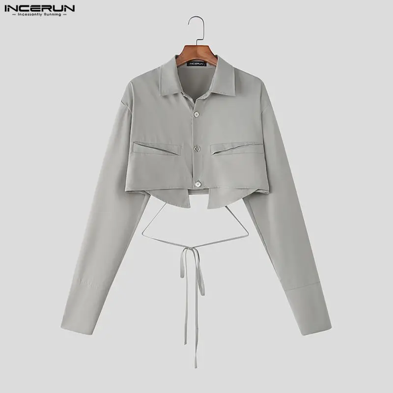 INCERUN Men Irregular Shirt Solid Color Lapel Long Sleeve Men Clothing Streetwear Loose Personality Fashion Crop Tops Men S-5XL