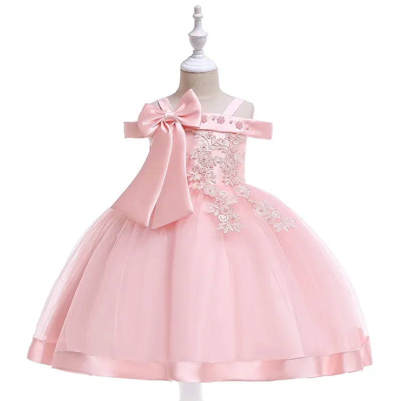 New Girls' Dress Beaded Flower Off spalla Strap Princess bambini piccoli senza maniche Solid a-line abiti da sera