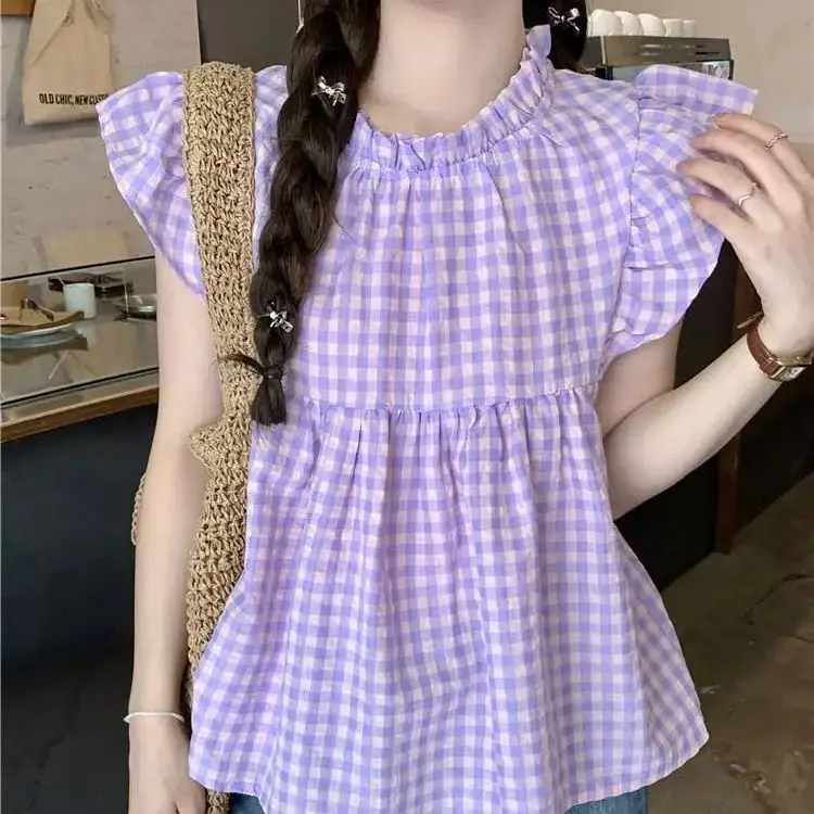 

T-Shirt Plaid Flying Sleeve Sweet And Cute Fashion Western Style Casual Summer Short Sleeves Fungus Edge Folds Shirt Crop Top