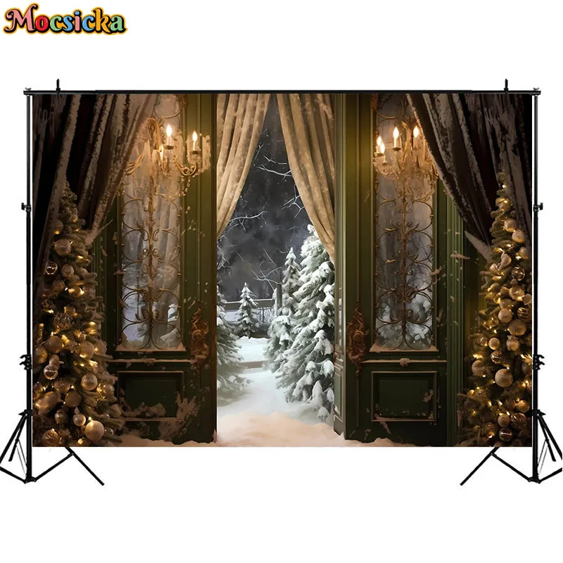 Christmas Photography Backdrop Winter Snow Outside Vintage Green Door Frozen Pine Tree Xmas Family Portrait Background Photocall