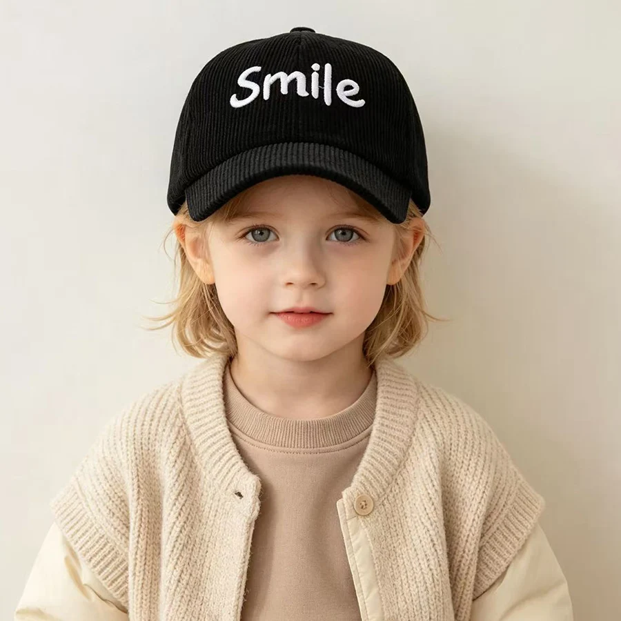 Winter Baby Hats Kids Smile Letters Embroidery Corduroy Baseball Cap Adjustable Autumn Girl Boy Cute Snapback Cap Children