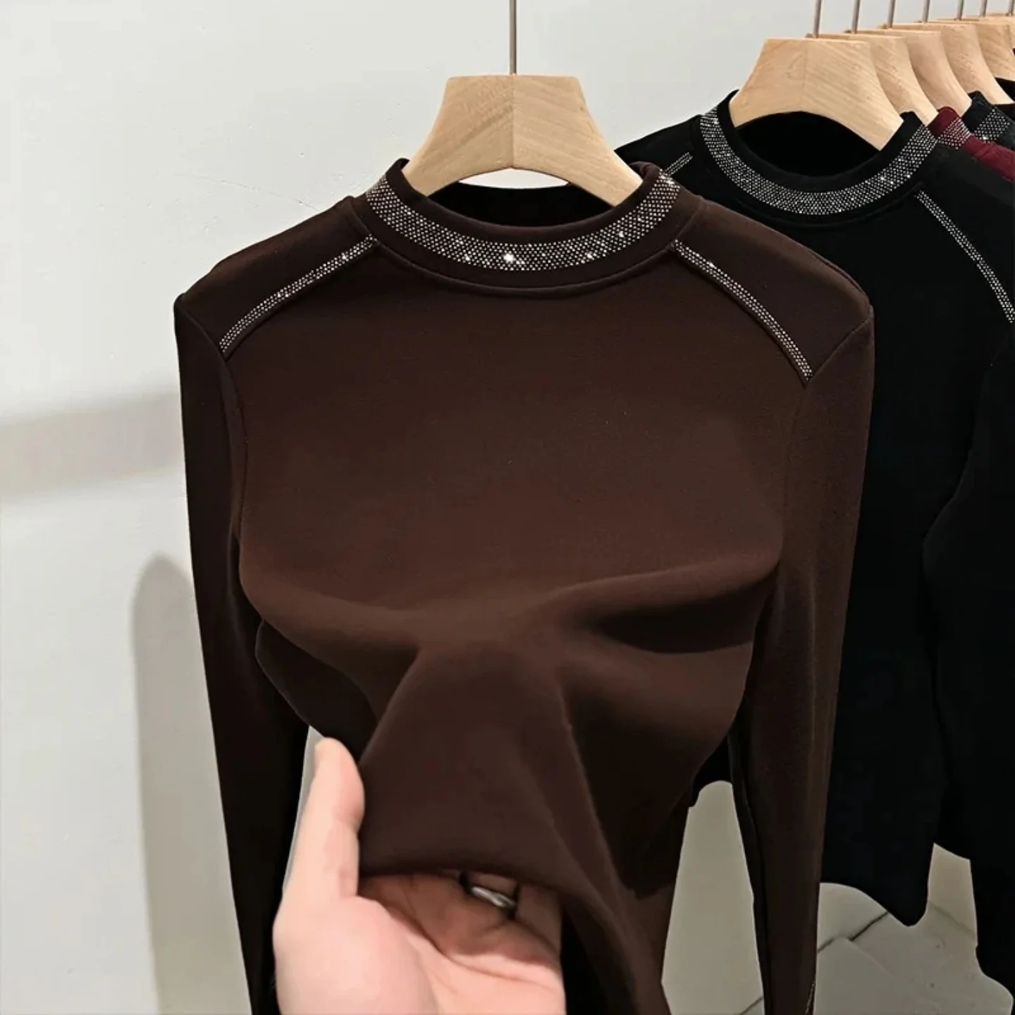 Double-Sided Velvet Long Sleeve Half-High Collar Women's Fashion Inner Wear Mom T-Shirt Autumn Winter New Style Slim Fit Top