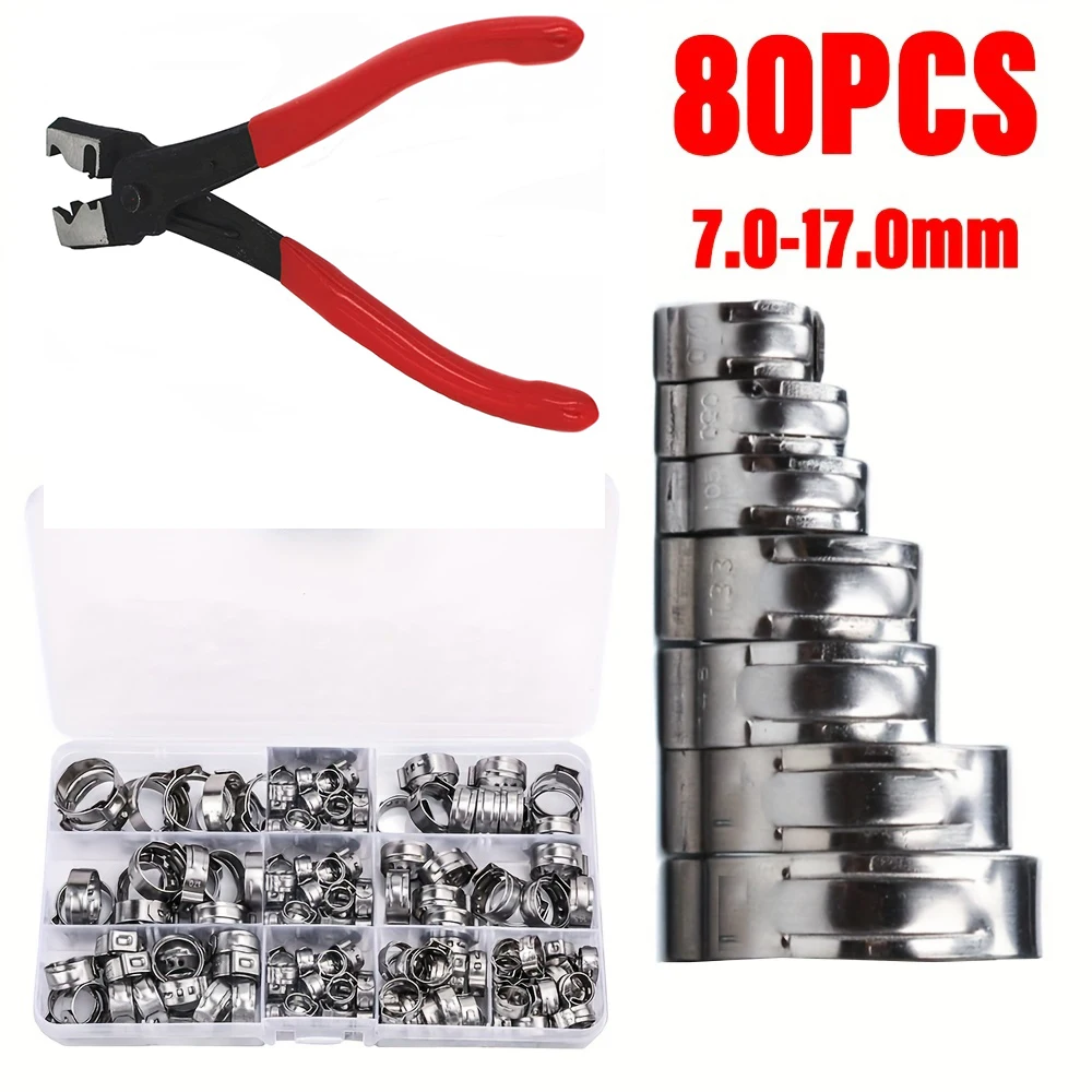 80pcs Boxed Stainless Steel Single Ear Clamp, Hose Clamp, American Style Throat Clamp, Clamp Pliers, Multiple Specifications
